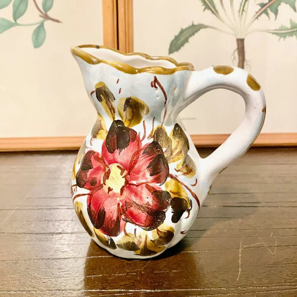 Vintage‎ Italian Deruta Ceramic Pottery Vase Creamer Pitcher Hand-Painted Floral